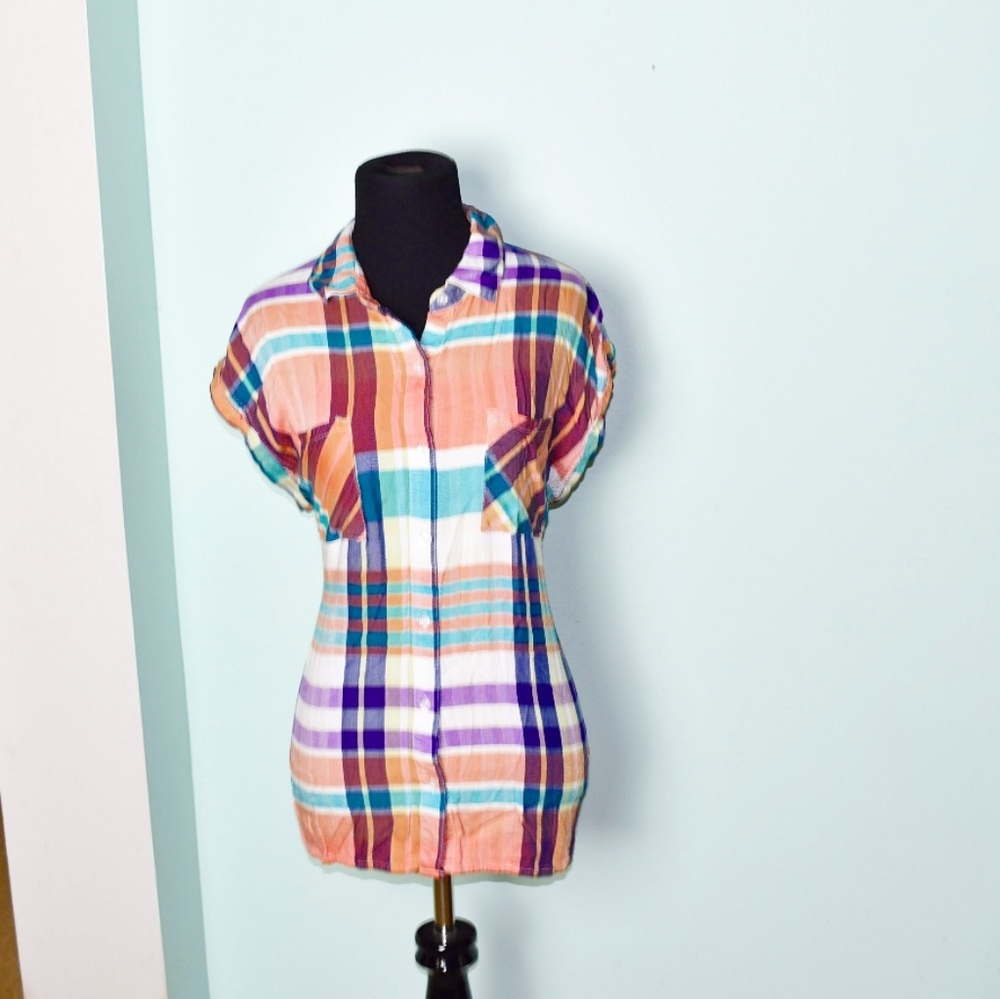 Attention Peach and Purple Flowy Button Down Shirt